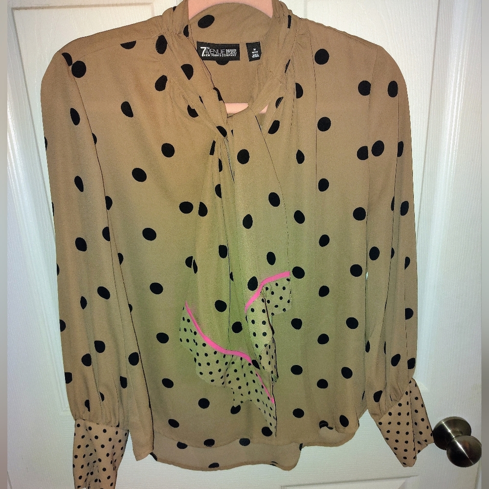 NY&Co Long Sleeve Blouse With Neck Tie, Brown, Black Polka Dots With Pink Trim